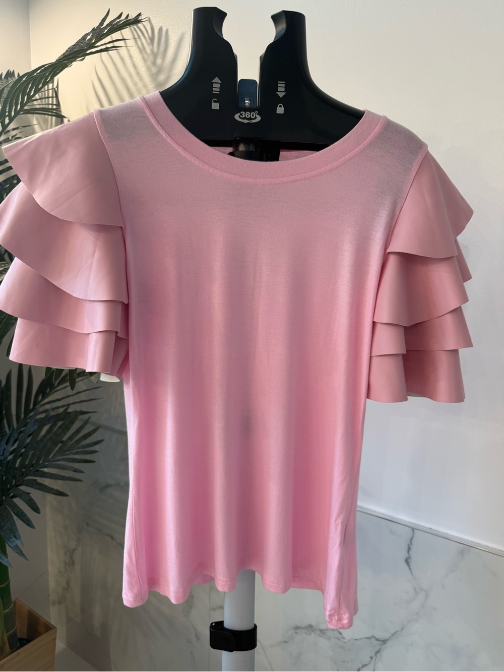 NWT Gracia Pink Faux Leather Ruffle Layered Sleeve Top Blouse Size L